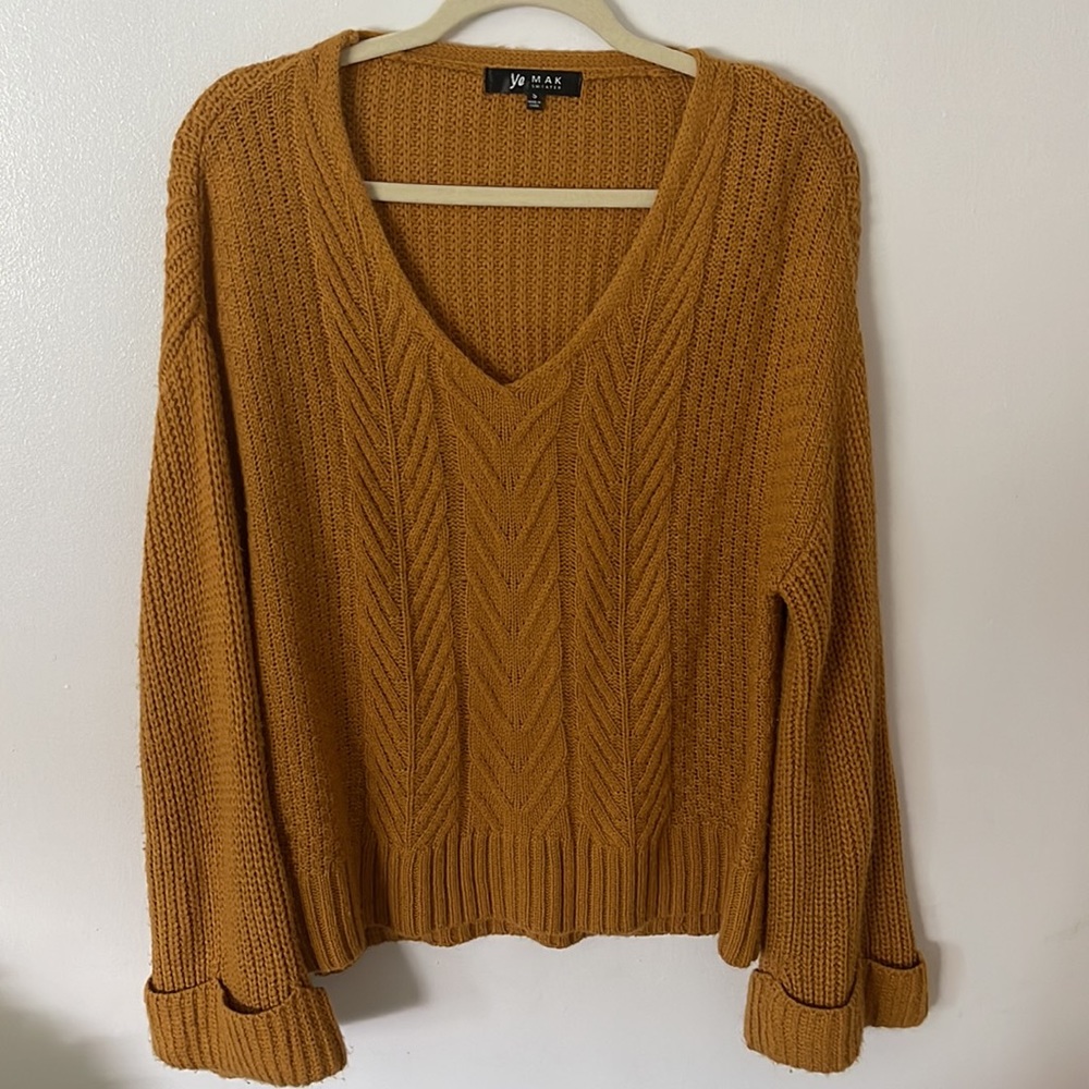 YEMAK | Women’s Mustard V Neck Bell Sleeve Cable Knit Sweater NWOT/NEW Size S